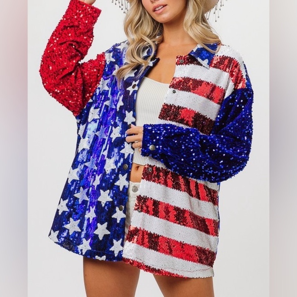 Velvet Sequin Sleeve American Flag Theme Shirt 1 left small - Picture 5 of 7
